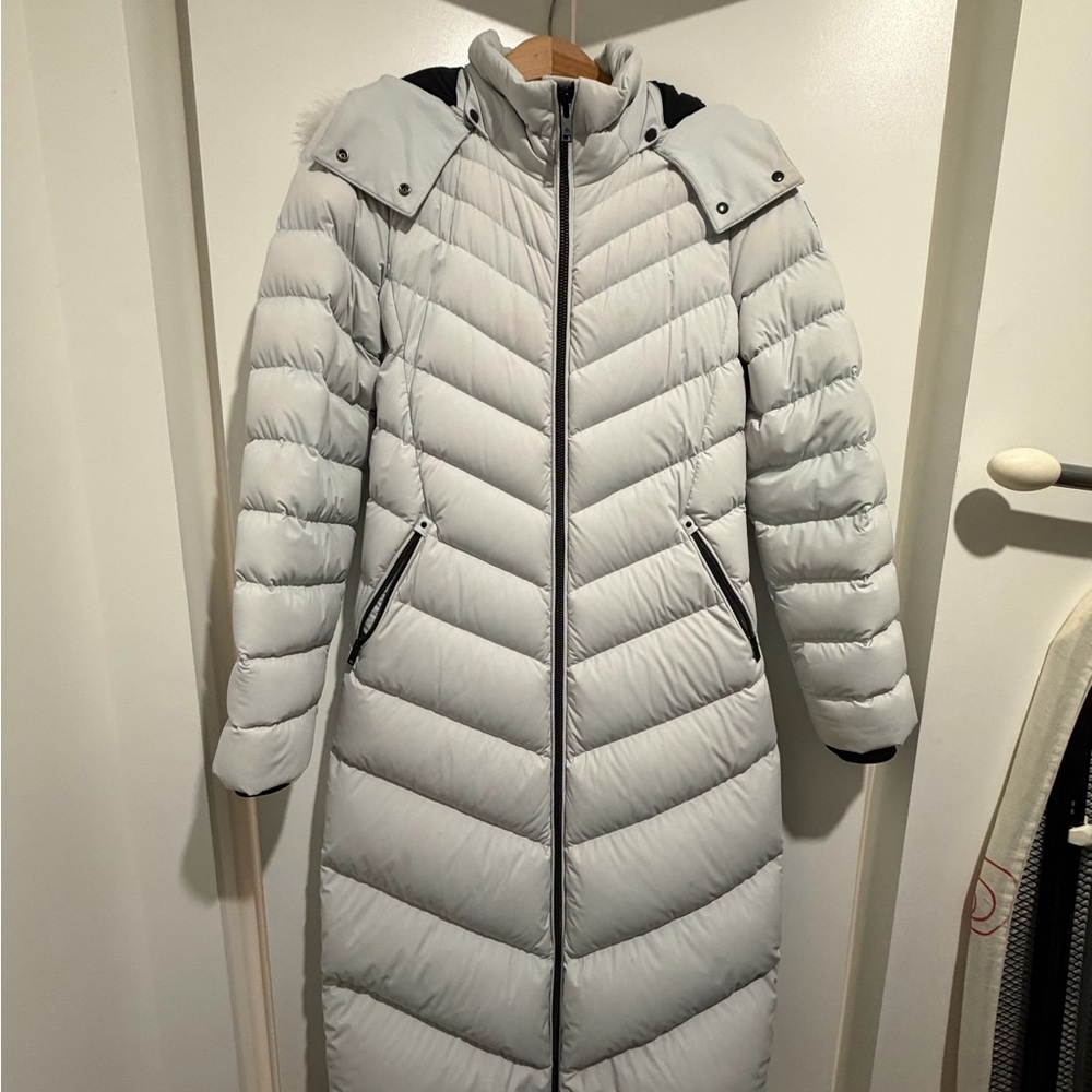Moose Knuckles Long Light Gray Chevron Puffer Coat